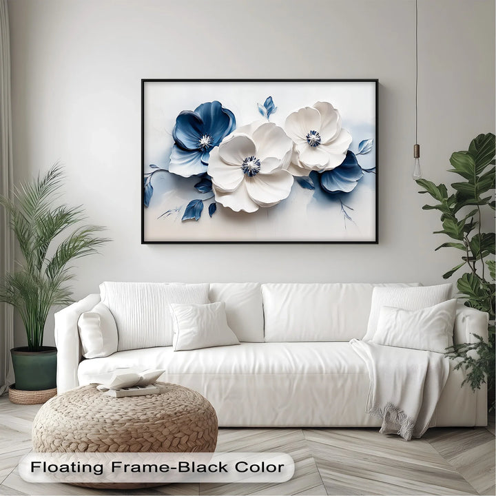 Blue Serenity Blooms – White and Navy Floral Canvas Wall Art - MyPhotoStation