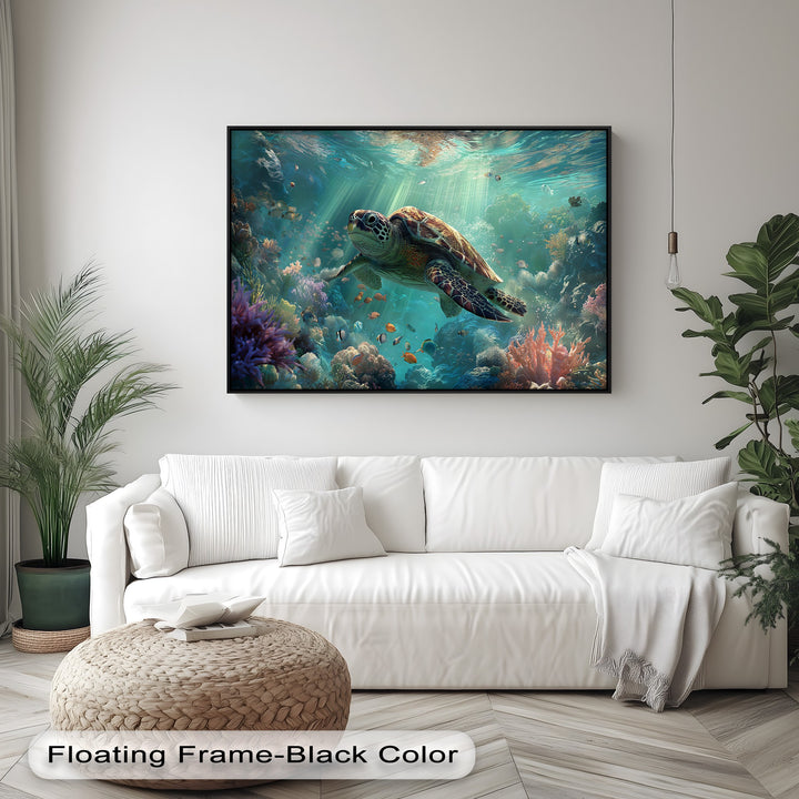 The room features geometric elements such as the large rectangular big canvas prints of an underwater sea turtle and the modern diagonal floor pattern.