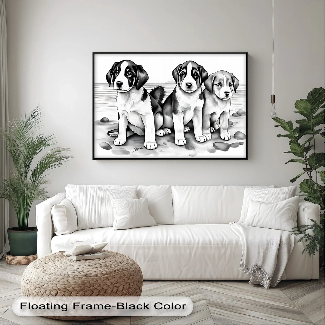 Seaside Trio – Monochrome Puppy Portrait at the Shore Canvas Print - MyPhotoStation