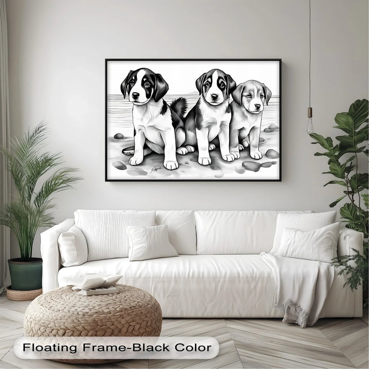 Seaside Trio – Monochrome Puppy Portrait at the Shore Canvas Print - MyPhotoStation