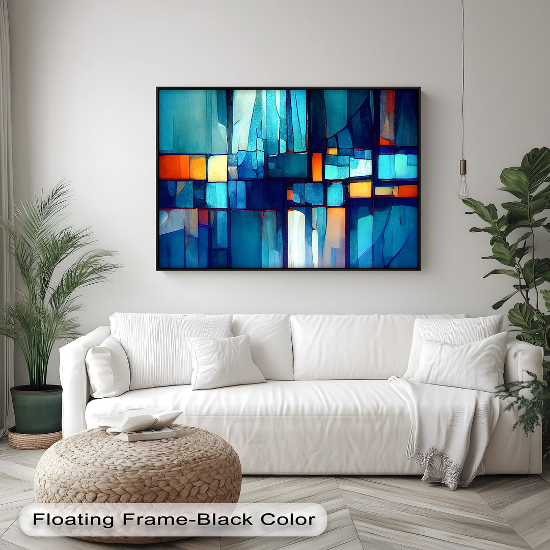 The layering effect of this unique canvas print presents an abstract mosaic with stained glass-inspired geometric shapes in blues, oranges, and yellows.