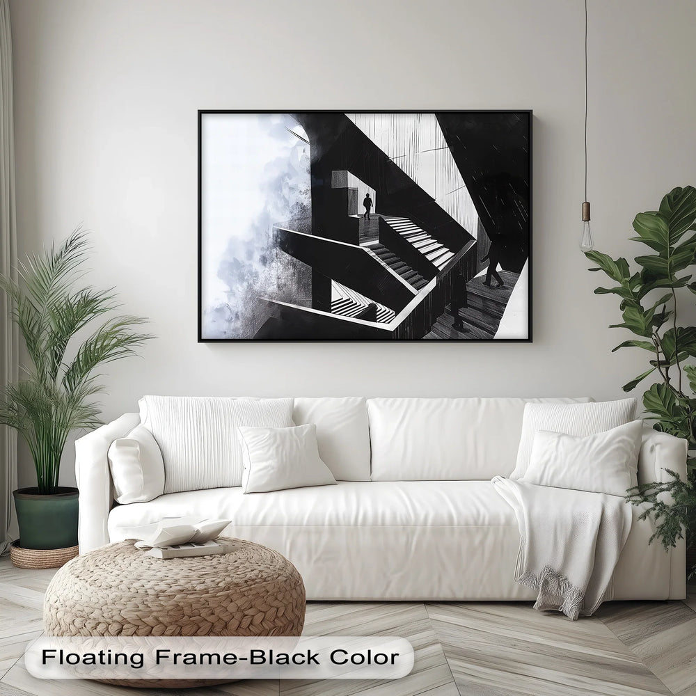 Geometric Pathways – abstract architecture canvas in monochrome.

