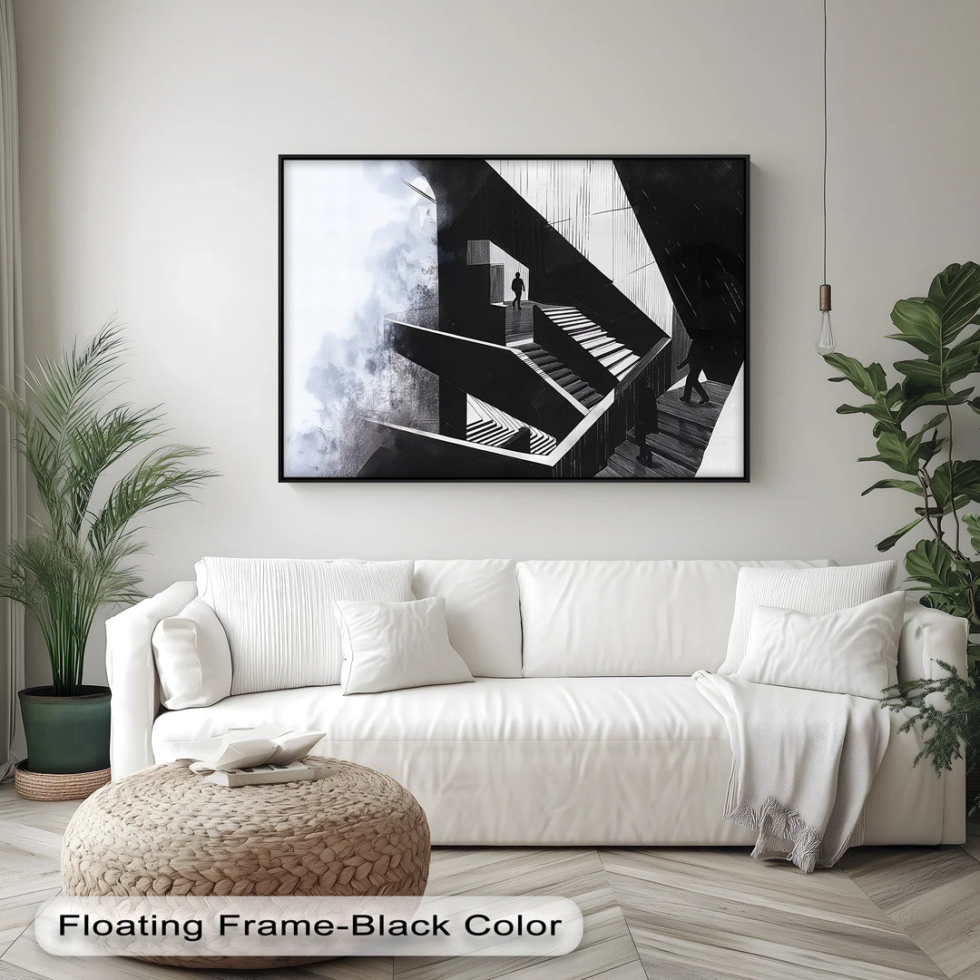 Geometric Pathways – abstract architecture canvas in monochrome.

