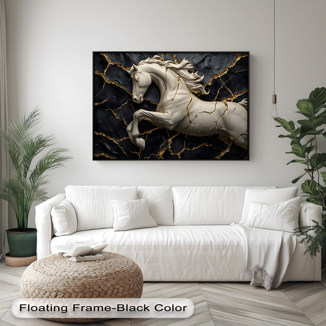 The background of this luxury framed canvas showcases a striking black marble texture with elegant gold crack accents for the wall art.