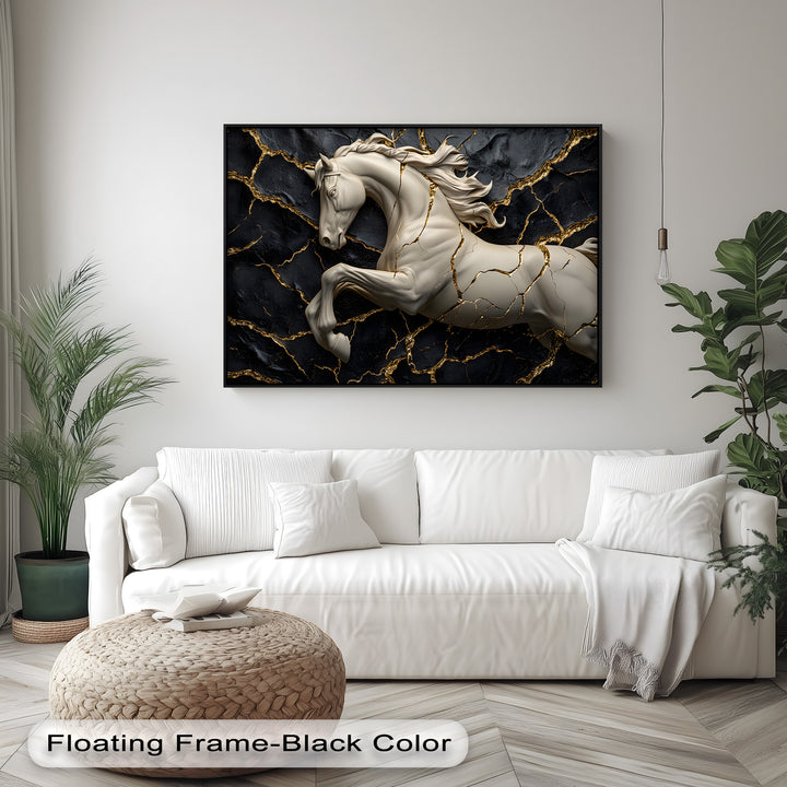 The background of this luxury framed canvas showcases a striking black marble texture with elegant gold crack accents for the wall art.