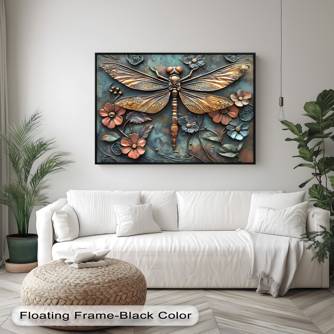 The unique canvas print showcases a striking transition between golden-bronze dragonfly wings and various teal, blue, and copper floral elements.