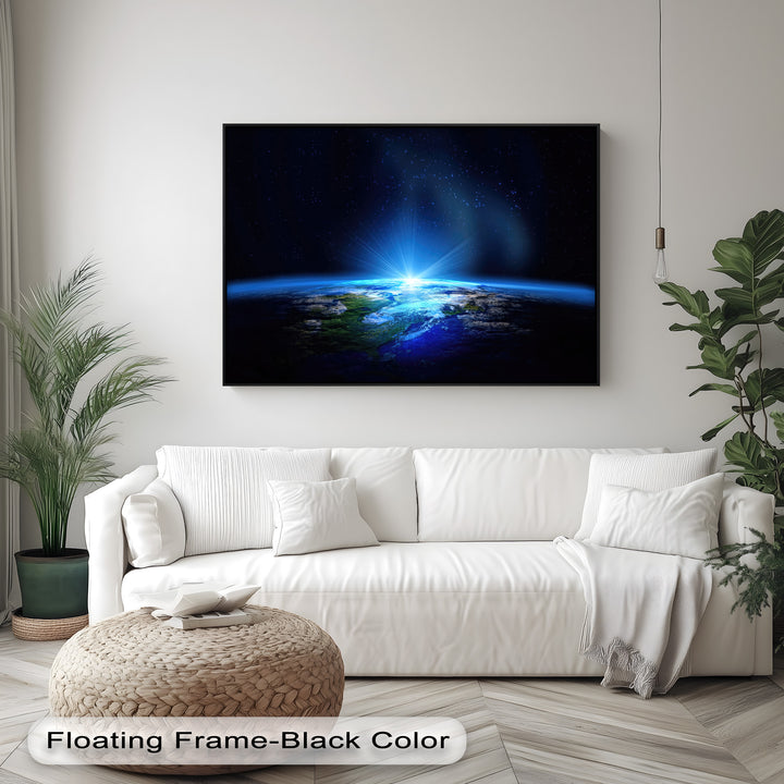 The radiant light bursting over the cosmic blue planet creates a dynamic visual rhythm in this premium canvas decor, highlighting the Earth from space.