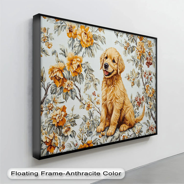 Smiling Golden Retriever Puppy with Vintage Floral Backdrop - Canvas Print - MyPhotoStation