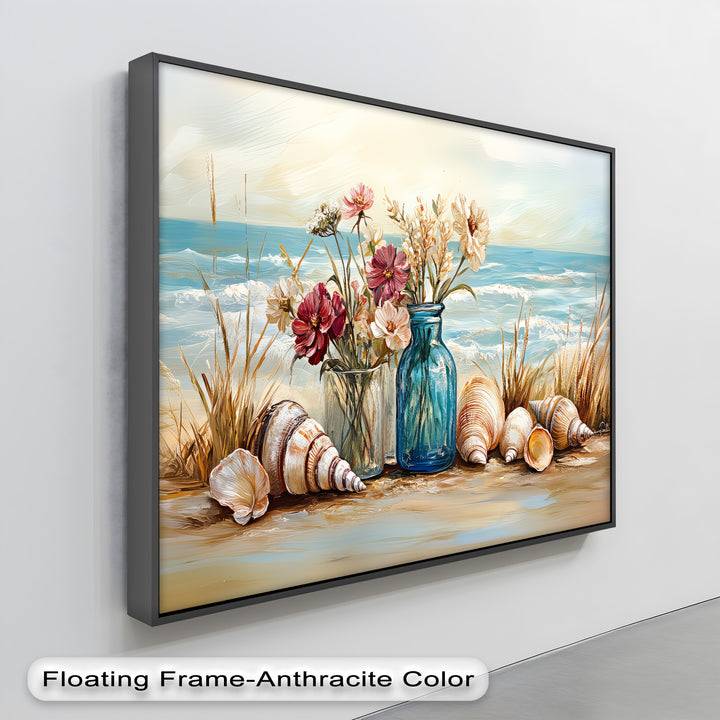 Seaside Serenity – Floral and Seashell Still Life Canvas Print