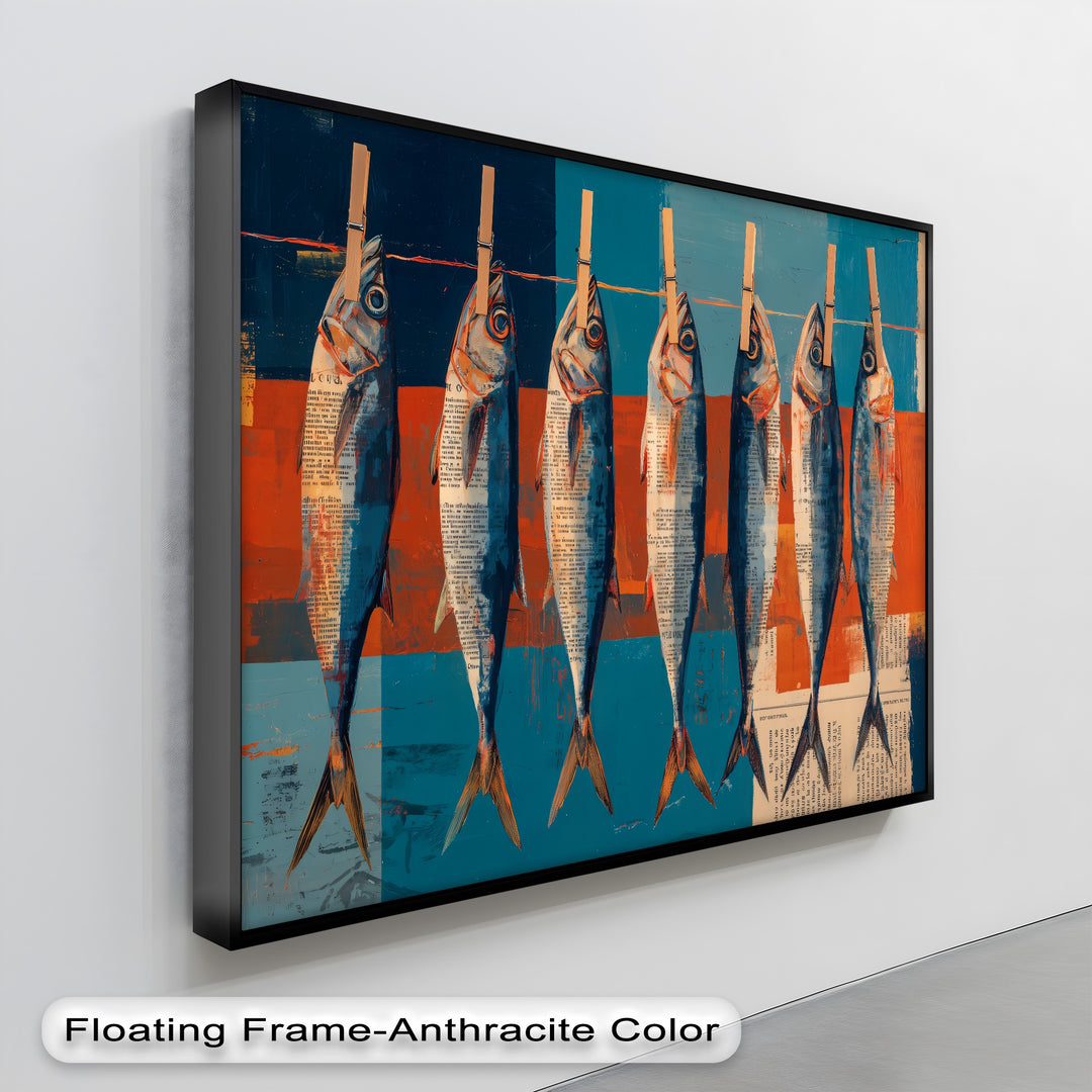 Highlighting a striking color contrast, the modern hanging fish canvas pictures showcase bold blues and oranges in this coastal kitchen wall art.