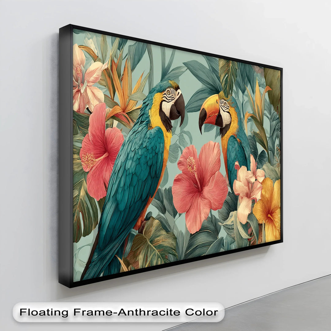 Tropical Duet – Vibrant Parrots with Hibiscus Canvas Print - MyPhotoStation