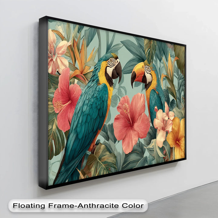 Tropical Duet – Vibrant Parrots with Hibiscus Canvas Print - MyPhotoStation