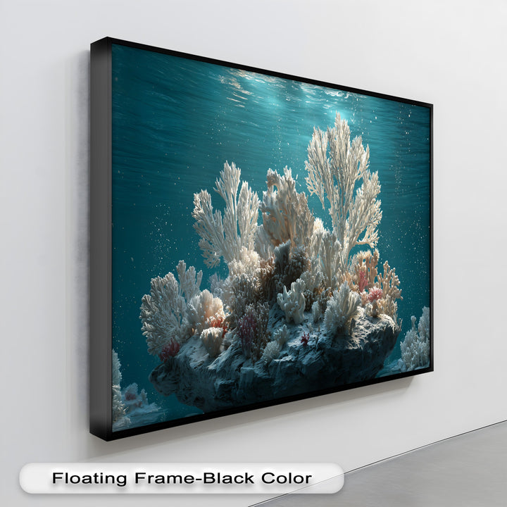 This landscape-oriented rectangular premium canvas decor showcases a stunning white coral reef and serene underwater ocean wall art.