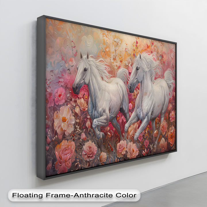 White Horses in Blooming Garden - Horse Canvas Print