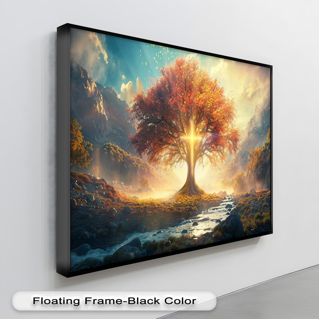 The background features a majestic fantasy mountain range under a vibrant sky, enhancing this radiant autumn tree canvas wall art.