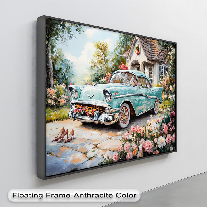 Turquoise Classic Car in Flower Garden – Car Canvas Print