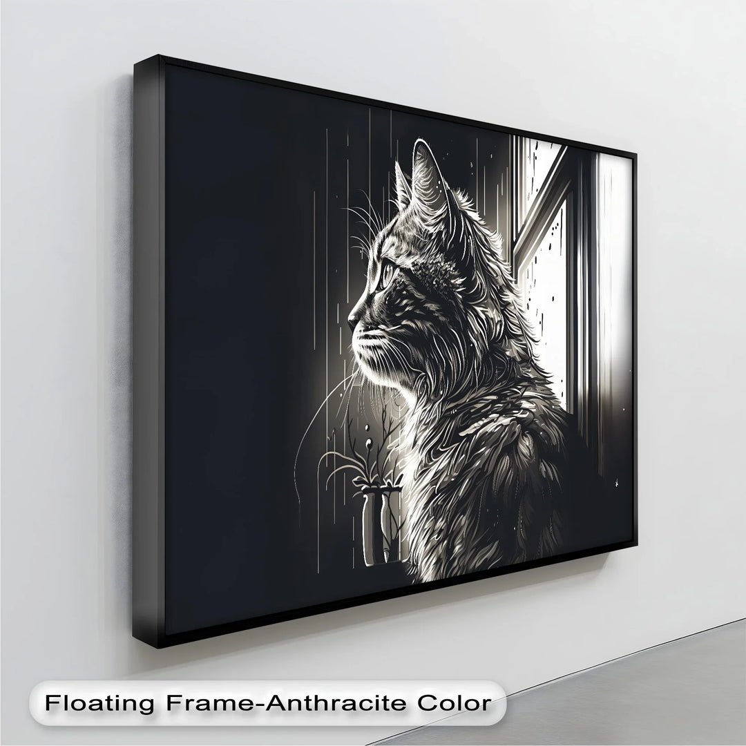 Cat Looking Out the Window in Monochrome - Cat Canvas Print - MyPhotoStation