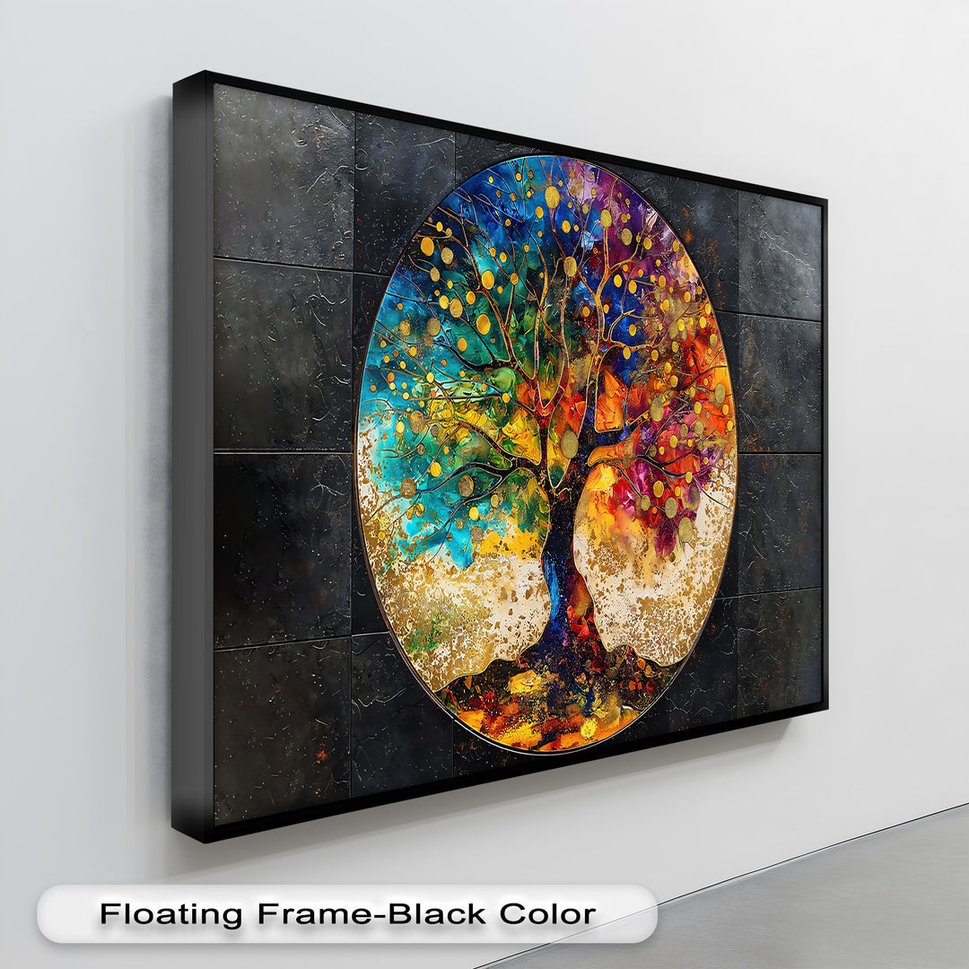 The visual rhythm of this high quality canvas prints bursts with dynamic, vibrant colors depicting an abstract tree against a textured dark background.