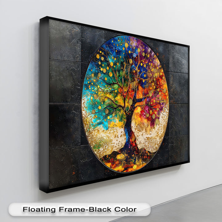 The visual rhythm of this high quality canvas prints bursts with dynamic, vibrant colors depicting an abstract tree against a textured dark background.