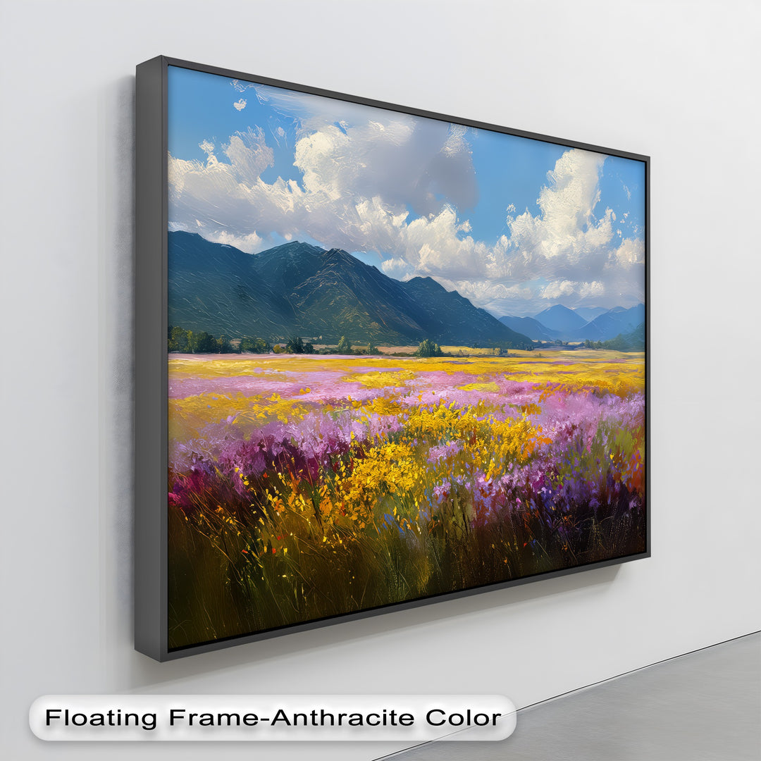 Valley Bloom – Wildflower Field and Mountain Landscape Canvas Print