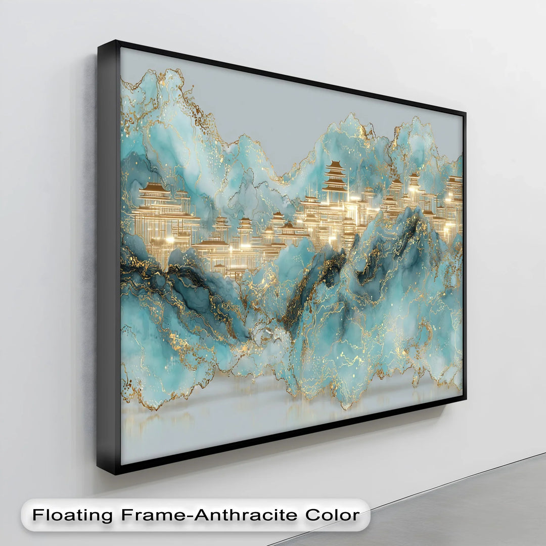 Golden Peaks of Serenity – Abstract Asian Palace Landscape Canvas Print - MyPhotoStation