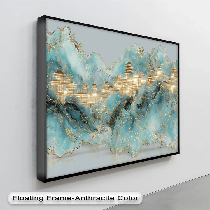 Golden Peaks of Serenity – Abstract Asian Palace Landscape Canvas Print - MyPhotoStation