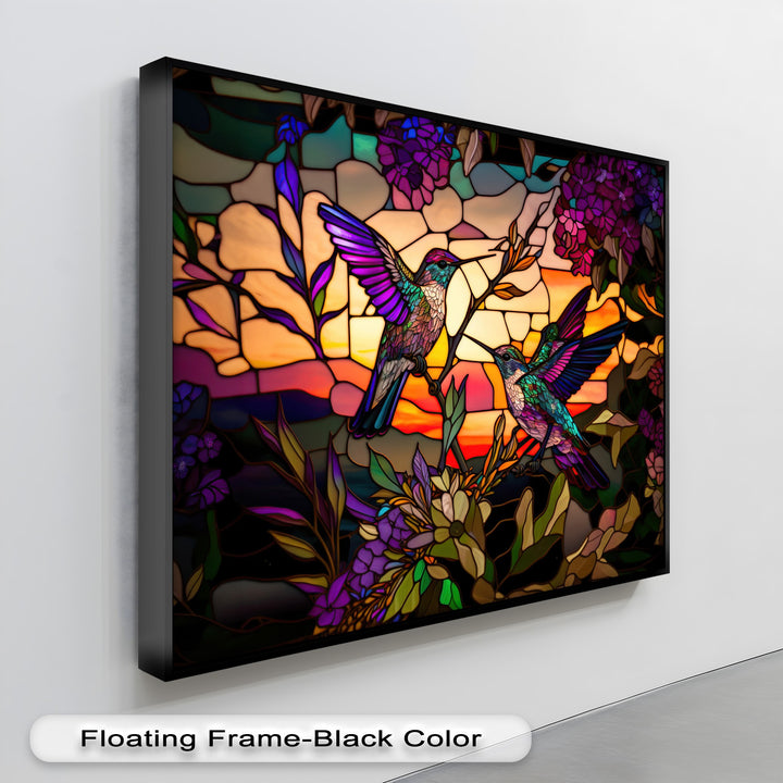 Vibrant hummingbirds with fluttering wings in this dynamic stained glass canvas art print capture a beautiful sense of movement.