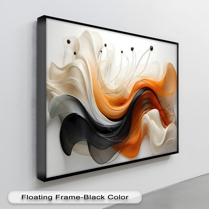 Featuring vibrant orange, deep black, and creamy beige hues, this modern abstract canvas art print showcases flowing, layered ribbons.