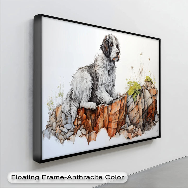 Cliffside Watch – Shaggy Dog on Rocky Ledge Pencil Art Canvas Print - MyPhotoStation