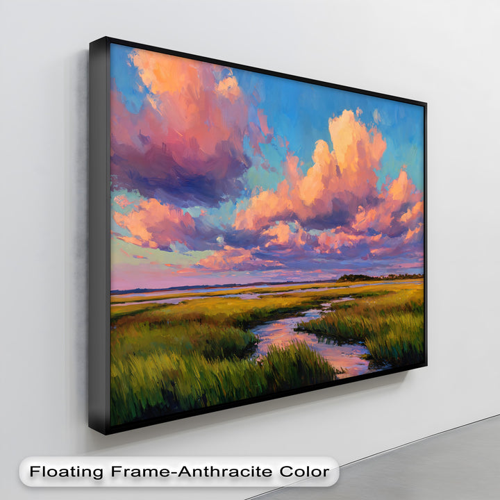 Transitions between pink and orange hues create a stunning, dramatic sky in this golden sunset marsh landscape canvas print, a piece of big canvas prints showcasing colorful nature wall art.