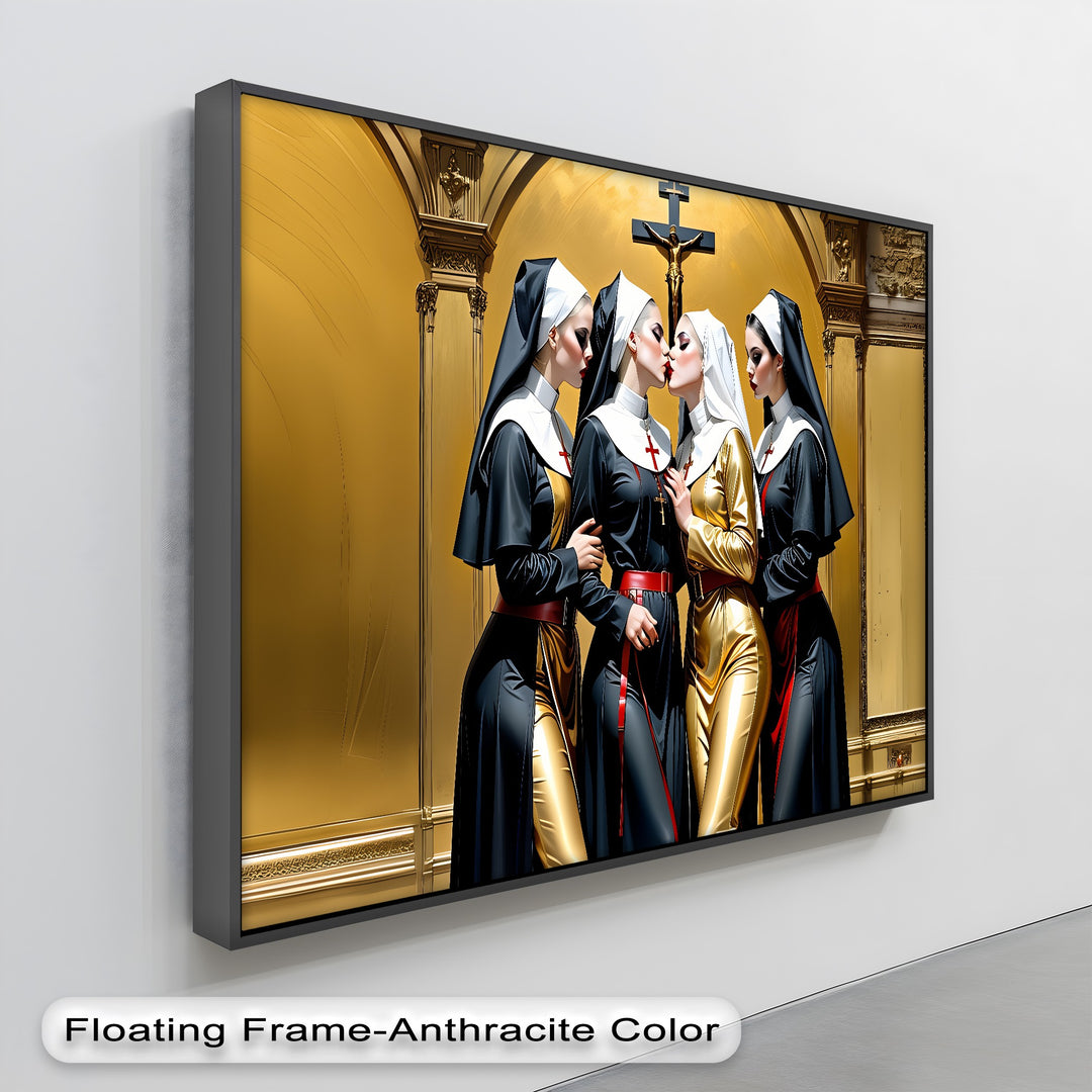 Divine Temptation – Erotic Kissing Nuns Canvas Wall Art | Nude Art