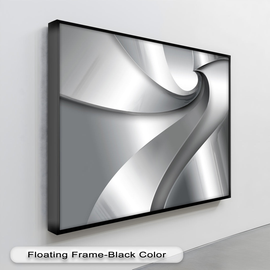 Dynamic silver and gray abstract forms create a compelling canvas painting, showcasing elegant metallic curves in a black floating frame.