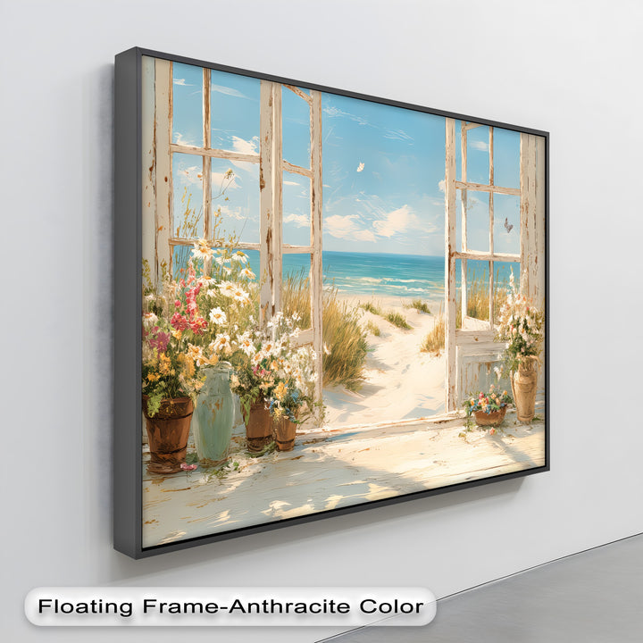 Seaside Serenity – Open Window to Coastal Bloom Canvas Print