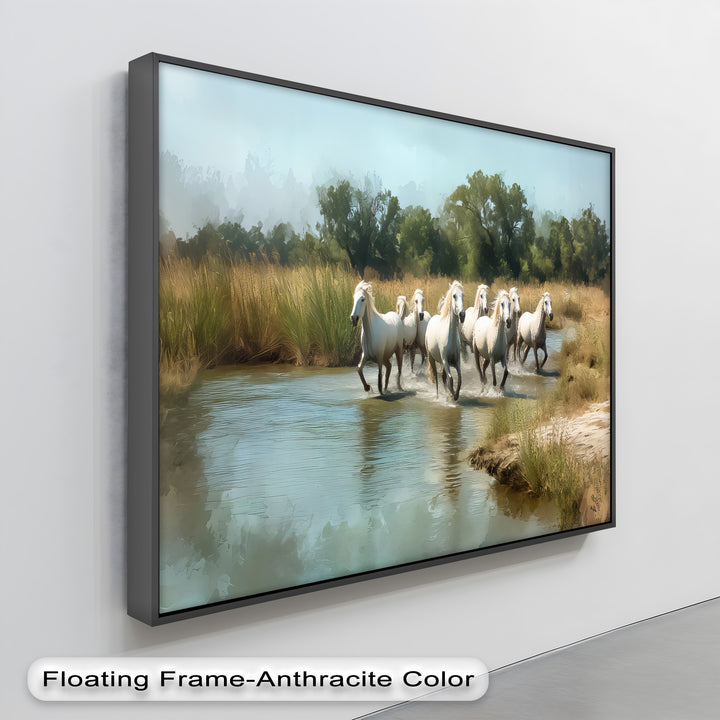White Horses Running Through River - Horse Canvas Print