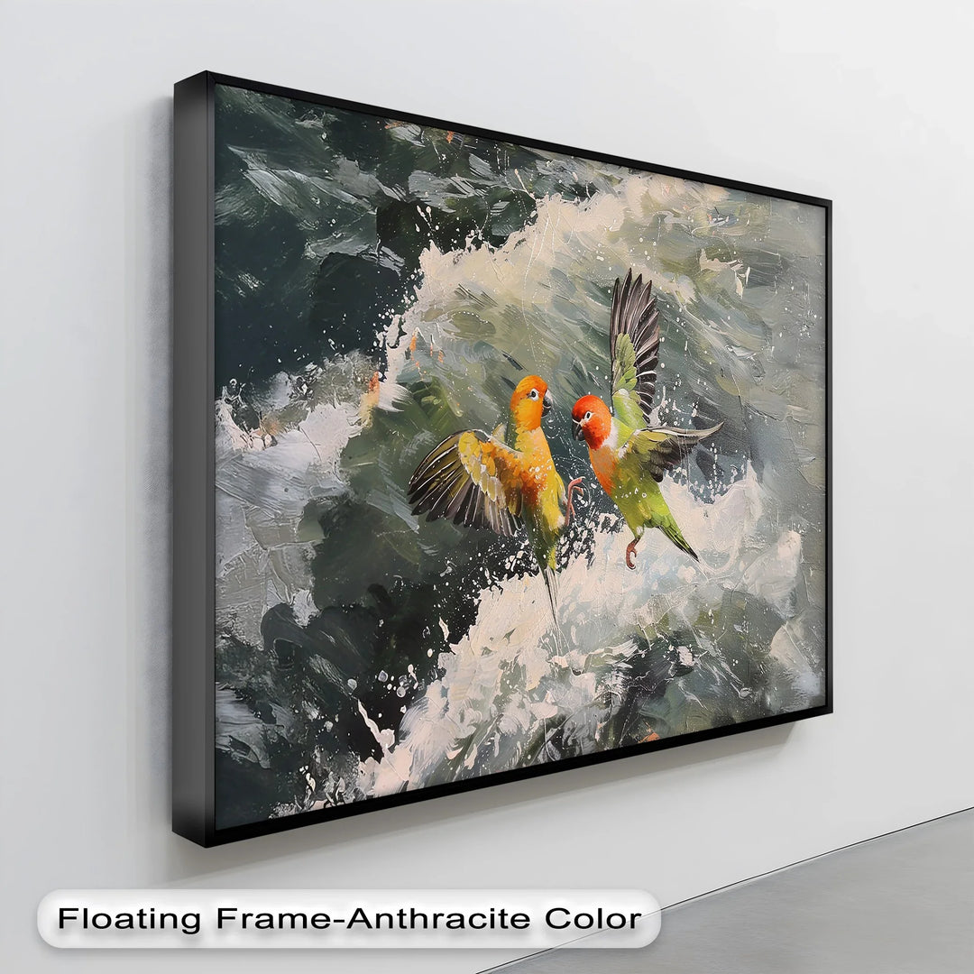 Splash of Love – Colorful Lovebirds Over Ocean Waves Animal Canvas Print - MyPhotoStation