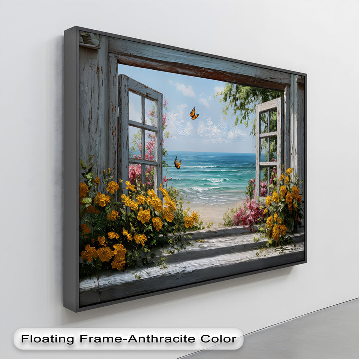 Golden Blooms & Ocean Breeze – Window View Canvas Print