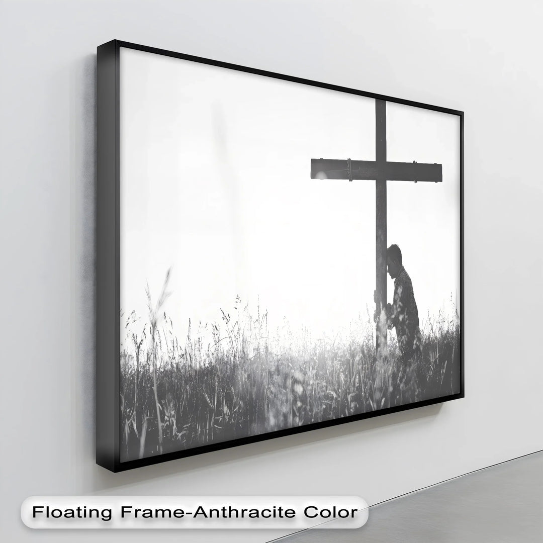 In Surrender – Black and White Prayer with Cross Canvas Print
