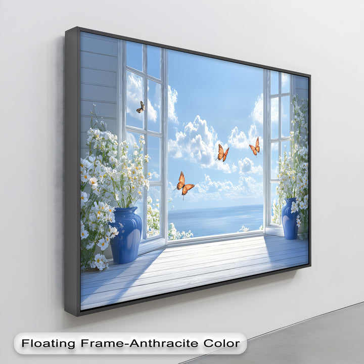 Ocean Breeze Serenity – Blue Vase Flowers and Butterflies Canvas Print