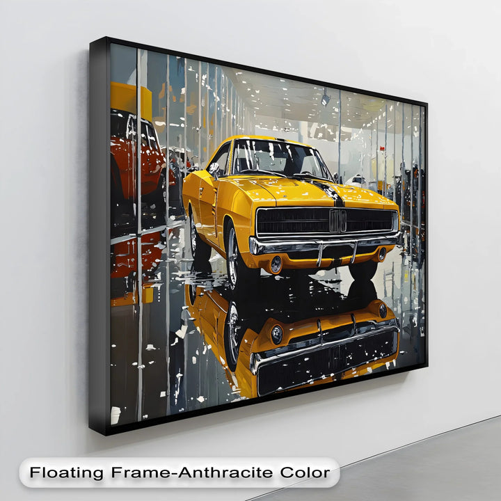 Classic Yellow Dodge Charger in Showroom – Car Canvas Print