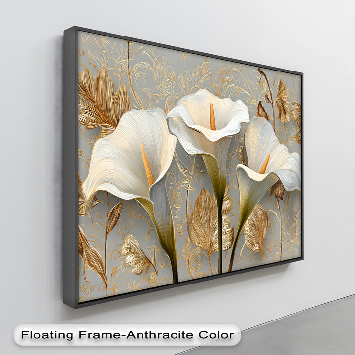 Golden Elegance – White Calla Lilies on Grey Floral Canvas Print
