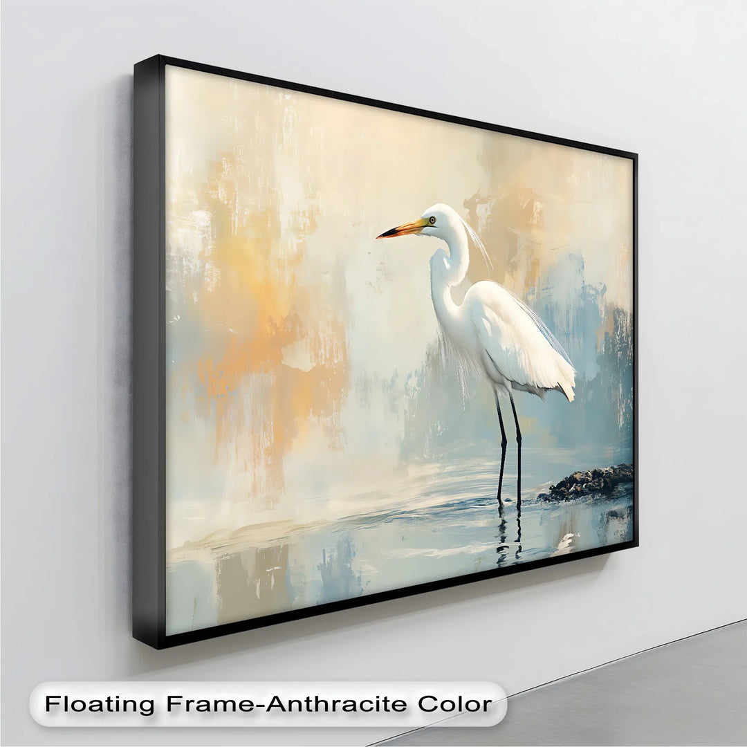 Peaceful Presence – white heron canvas painting for tranquil interiors.

