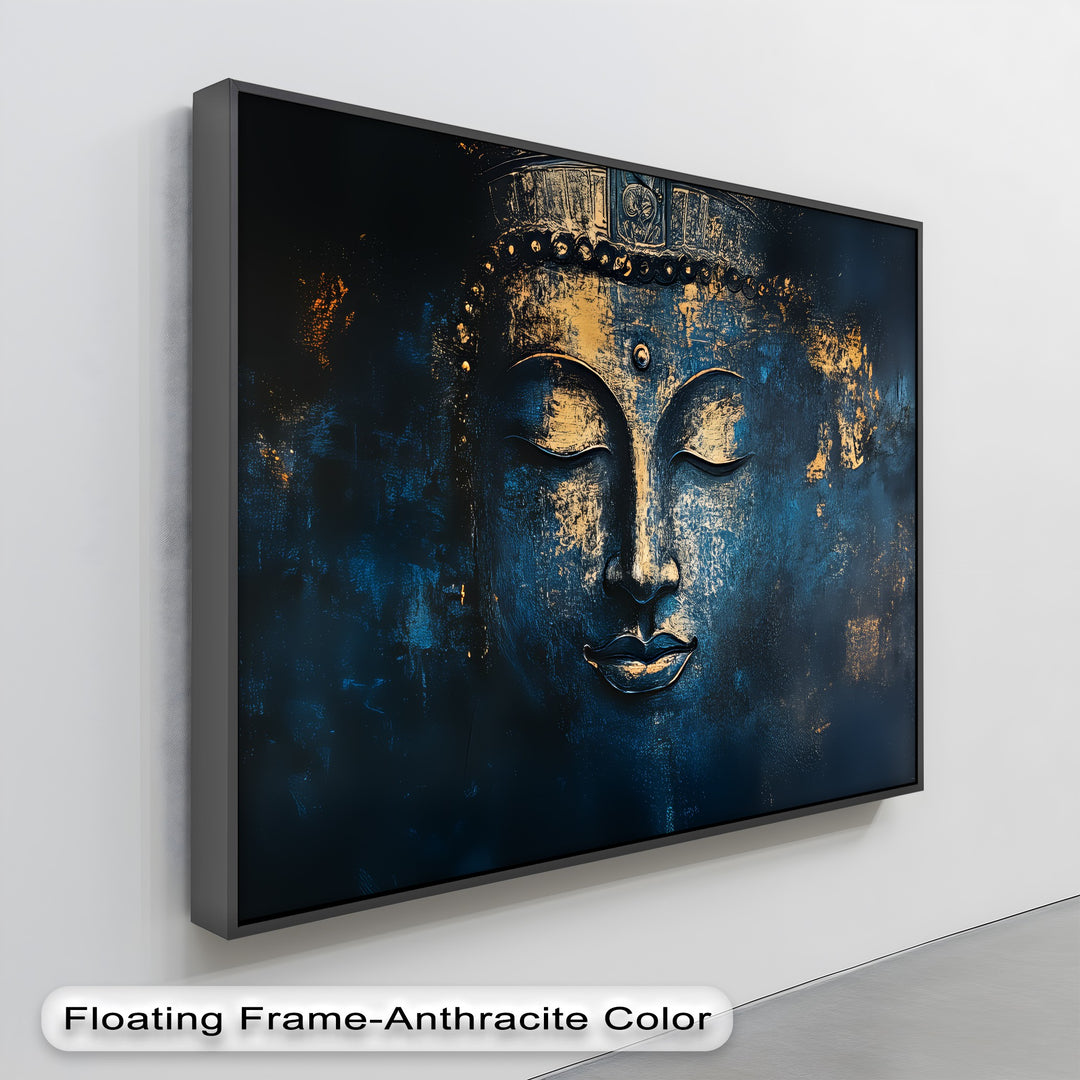 Mystic Serenity – Golden Buddha Face on Midnight Blue Canvas Print