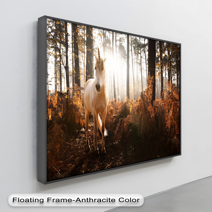 Enchanted Light – White Unicorn in Autumn Forest Canvas Print