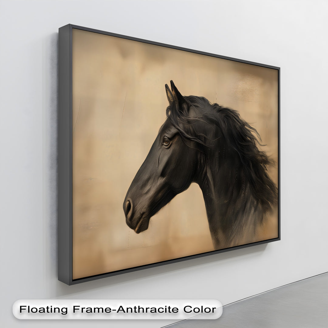 Silent Majesty – Black Horse Portrait on Warm Beige Canvas Print