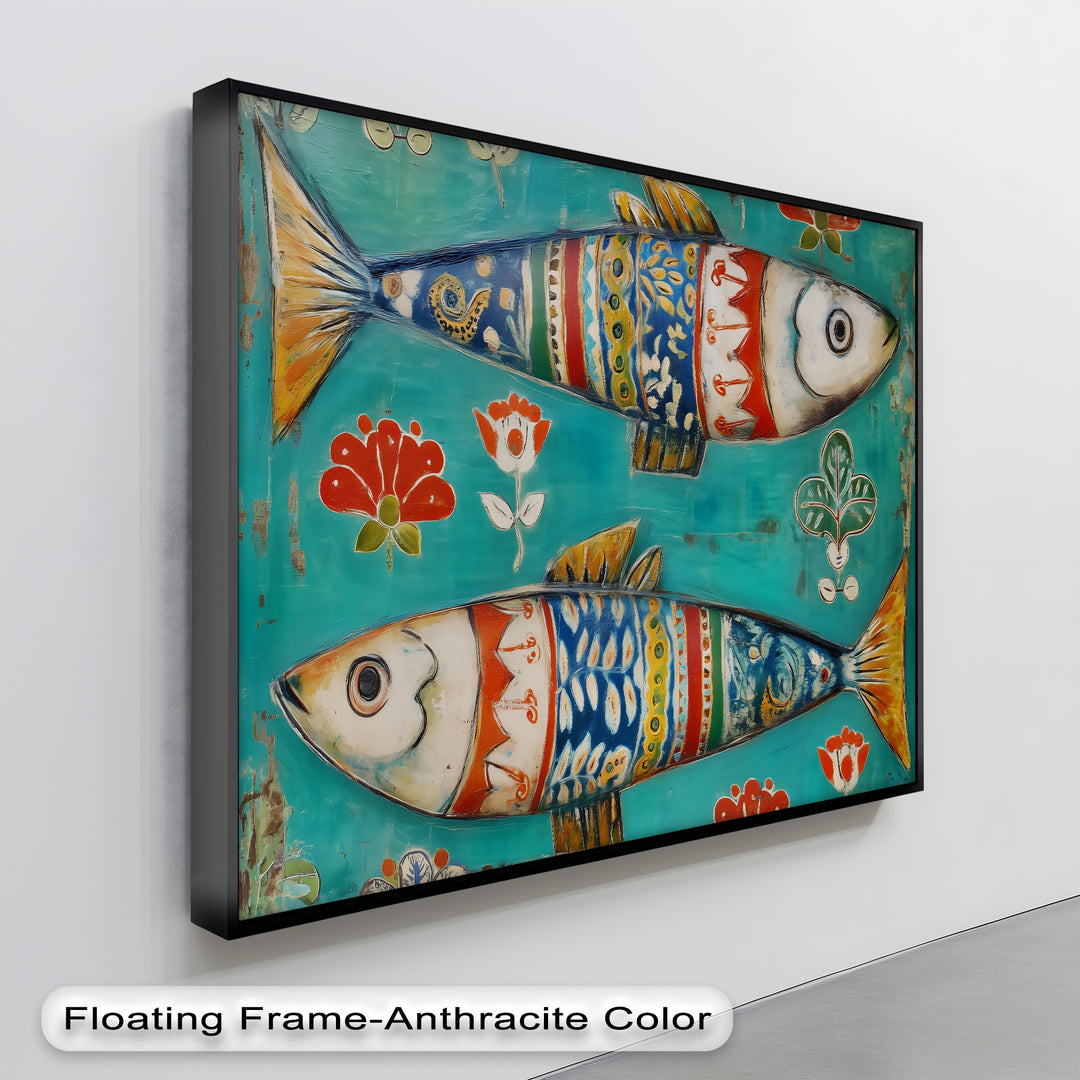 Subtle light and shadow play across this big canvas prints of colorful folk fish with Scandinavian patterns, enhancing the art's depth and texture.