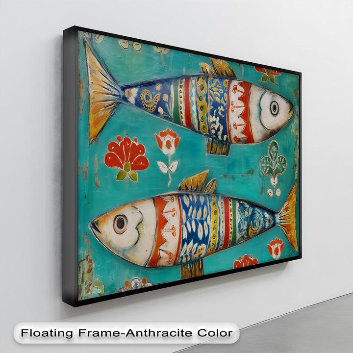 Subtle light and shadow play across this big canvas prints of colorful folk fish with Scandinavian patterns, enhancing the art's depth and texture.