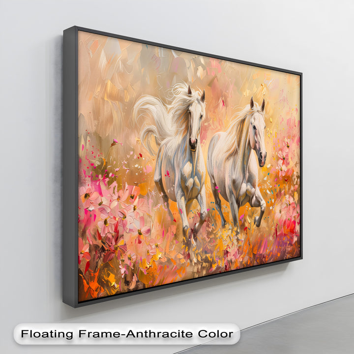 Wild Blossom Run – White Horses Among Petals Canvas Print