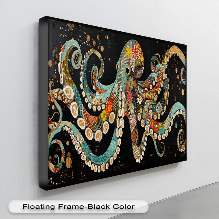 Premium canvas pictures showcasing a vibrant mosaic octopus artwork with rich, durable colors and intricate patterns, expertly framed.