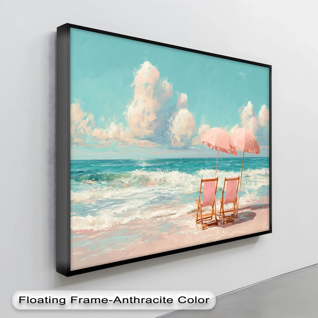 Serene Beach Escape with Pink Umbrellas – Seaside Canvas Print - MyPhotoStation