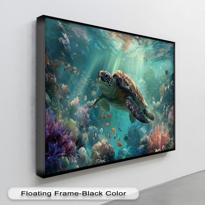 The sleek black floating frame enhances this premium canvas decor, showcasing a majestic sea turtle in an vibrant underwater ocean reef.